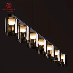 Smoked Glass Bell Cluster Pendant Light, Tapered Shades on a Black Linear Bar, Dining Room, Kitchen Island & Living Room