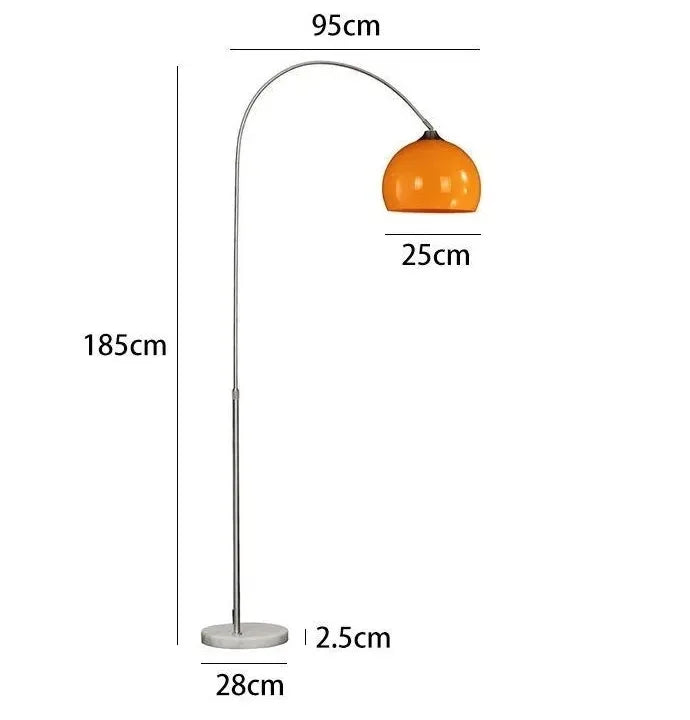 Glazed Amber Glass Dome Arc Floor Lamp, Polished Chrome Curved Pole, Round Marble Base, Living Room & Reading Corner