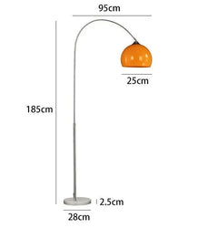 Glazed Amber Glass Dome Arc Floor Lamp, Polished Chrome Curved Pole, Round Marble Base, Living Room & Reading Corner