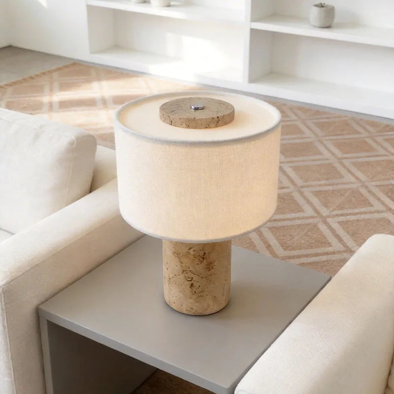 Polished Glass Cylinder Table Lamp in a Marbled Green Finish, Oatmeal Linen Drum Shade, Bedside & Living Room