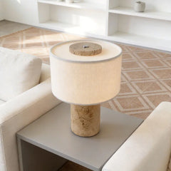 Polished Glass Cylinder Table Lamp in a Marbled Green Finish, Oatmeal Linen Drum Shade, Bedside & Living Room