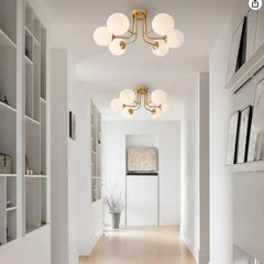 Opal Glass Globe Burst Semi Flush Ceiling Light, 12 Globes on Matt Black Branching Arms, Wide Arm Spread, Living Room, Bedroom & Hallway