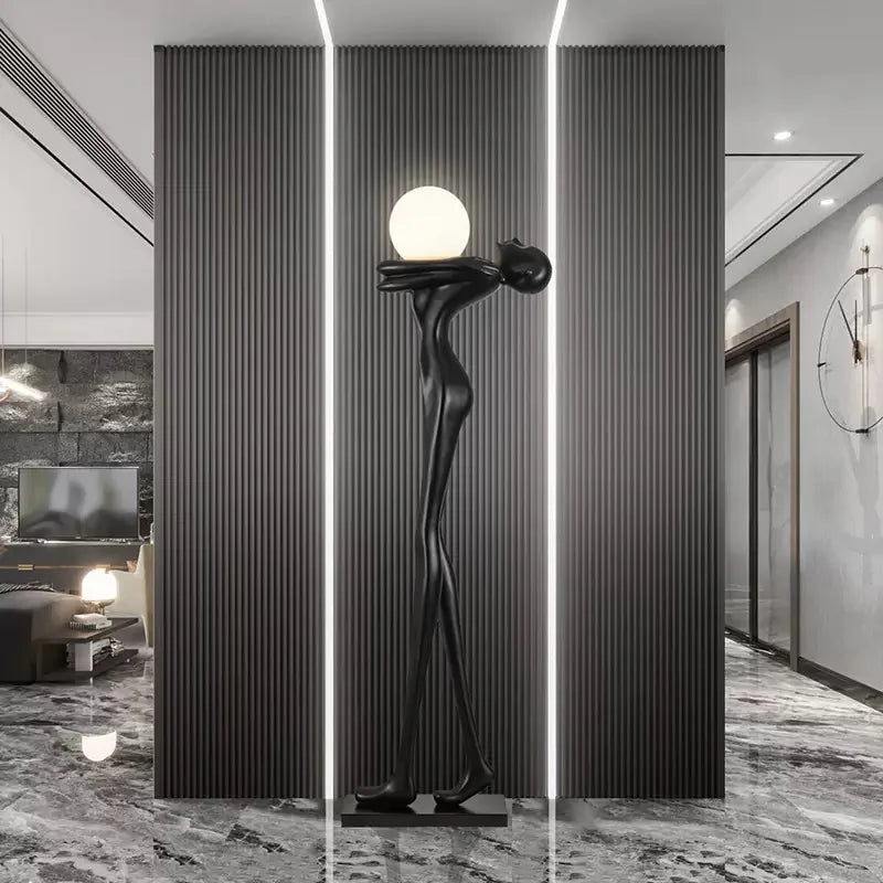 Matt Black Resin Figure Floor Lamp, 185cm Bowed Standing Form, Integrated Sphere Light, Living Room & Hallway Corner