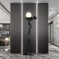 Matt Black Resin Figure Floor Lamp, 185cm Bowed Standing Form, Integrated Sphere Light, Living Room & Hallway Corner