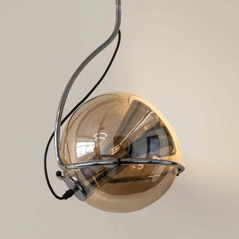 Smoked Amber Glass Globe Pendant Light, Set of 2, Curved Chrome Arm, Bulb Not Included, Kitchen Island, Dining Table & Bedside