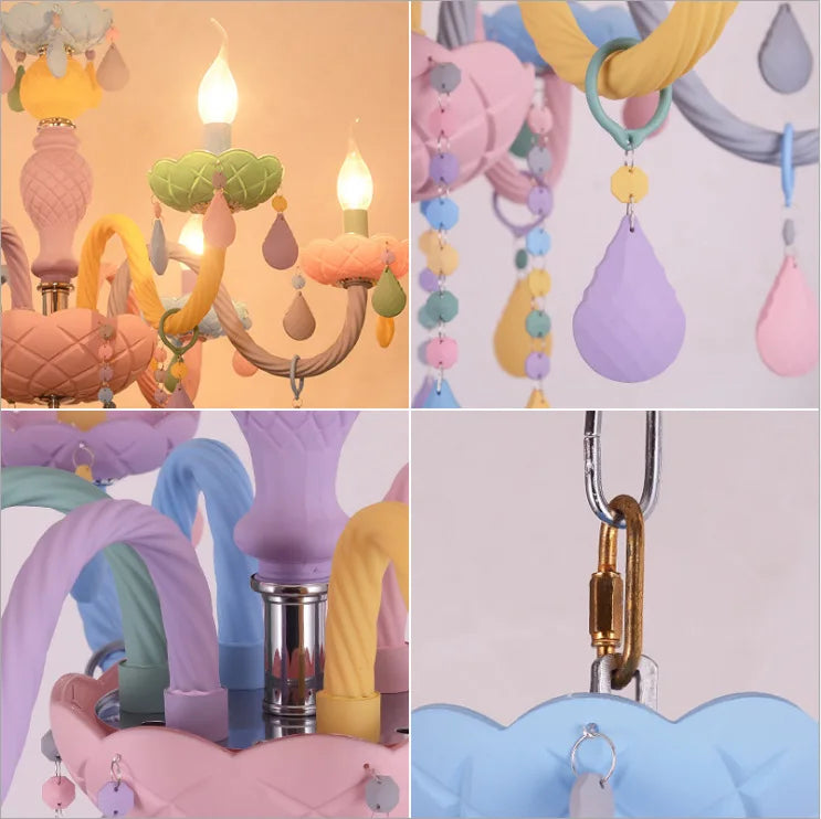 Textured Multicolour Resin Branch Chandelier, 5 Pastel Candle Arms, Colour Drop Beads, Bedroom, Living Room & Dining Room