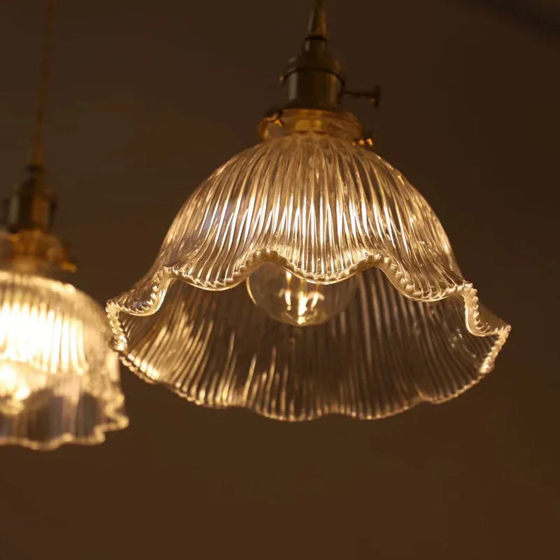 Fluted Green Glass Bell Pendant Light, Scalloped Floral Edge on a Brass Fitting, Bulb Not Included, Bedside & Living Room