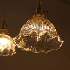 Fluted Green Glass Bell Pendant Light, Scalloped Floral Edge on a Brass Fitting, Bulb Not Included, Bedside & Living Room