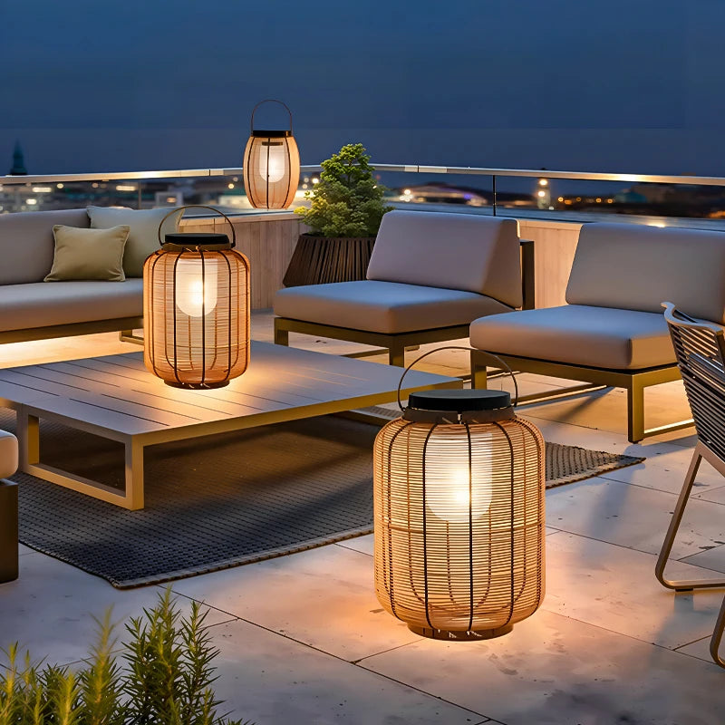 Woven Rattan Lantern Outdoor Light, 480mm, Natural Finish, Solar Powered, Carry Handle, Garden, Patio & Porch