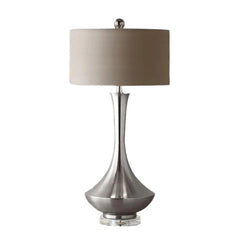 Polished Nickel Teardrop Table Lamp, 30 x 62cm, Taupe Drum Shade, Tapered Base on Crystal Foot, Bedside & Console