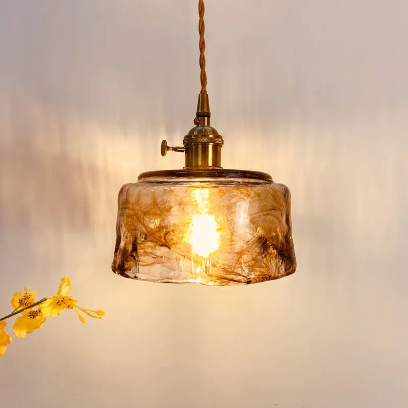 Amber Glass Ruffled Bell Pendant Light, 14cm Shade, Brushed Brass Fitting, Twisted Cord, Bedside & Living Room