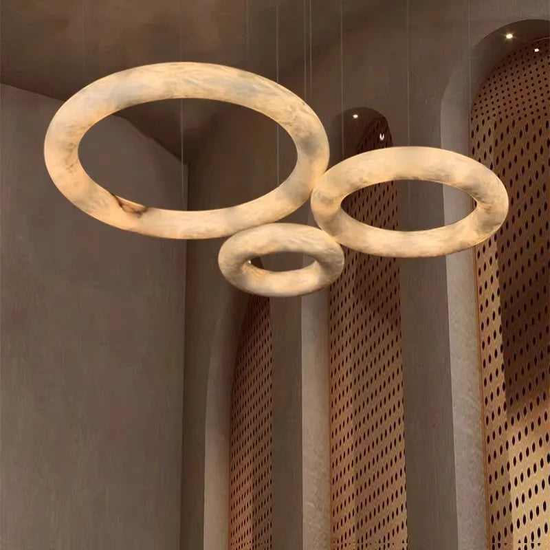 Textured Cream Plaster Ring Pendant Light, 600 Torus Form, Brass Wire Suspension, Contemporary Style, Dining Room & Stairwell