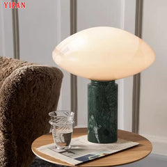 Glossy Opal Glass Dome Table Lamp, Green Marble Column Base, Rounded Mushroom Shade, 25 x 36cm, Bedside & Console Table