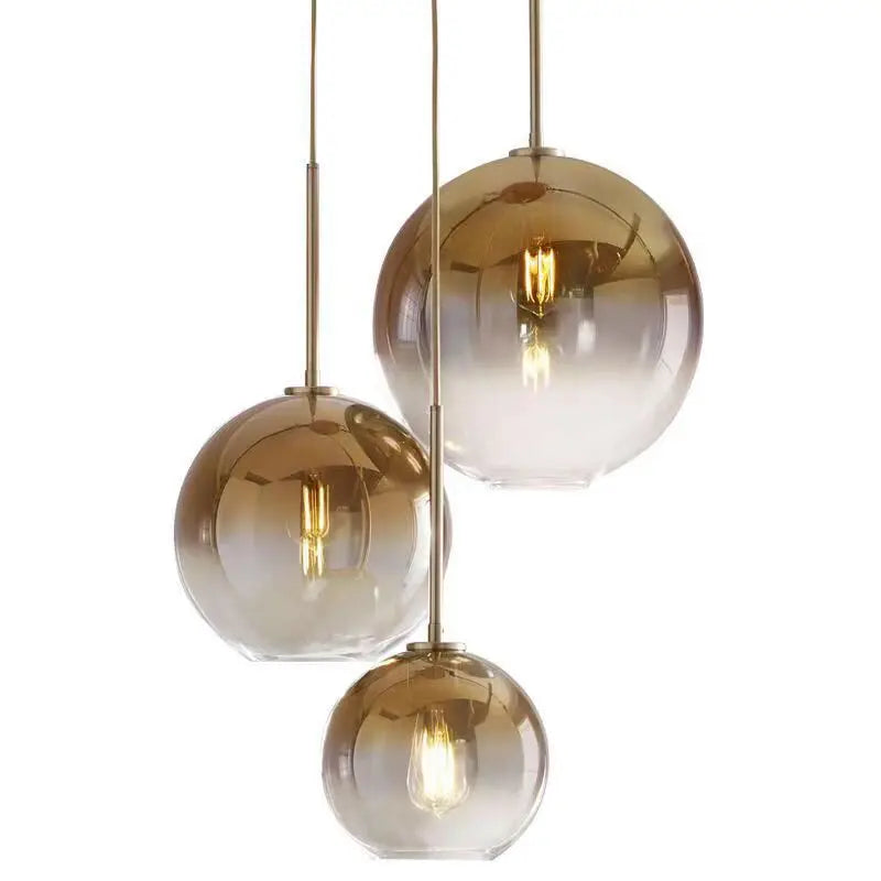 Amber Glass Cluster Pendant Light, 3 Globe Shades, Brushed Brass Fittings, 25cm, Staggered Drops, Dining Table and Kitchen