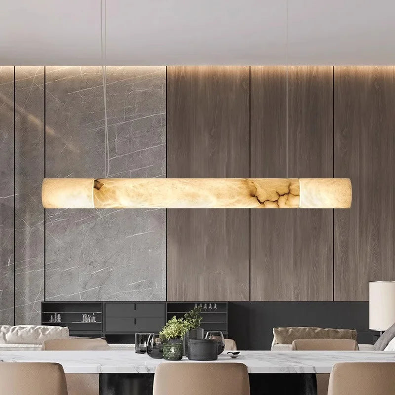 Natural Alabaster Linear Bar Pendant Light, 180cm Length, Knotted Texture, Integrated LED, Kitchen Island & Dining Room