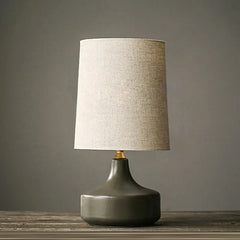 Ceramic Teardrop Table Lamp, Grey Bulbous Glazed Body, Large Size, Linen Drum Shade, Bedroom, Bedside & Living Room