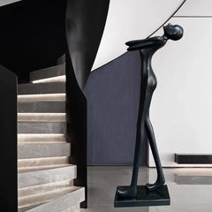 Matt Black Resin Figure Floor Lamp, 185cm Bowed Standing Form, Integrated Sphere Light, Living Room & Hallway Corner