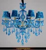 Blue Glass Branch Chandelier, 8 and 4 Candle Style Arms, Gold Fittings, Crystal Drops, Without Shades, Dining and Living Room