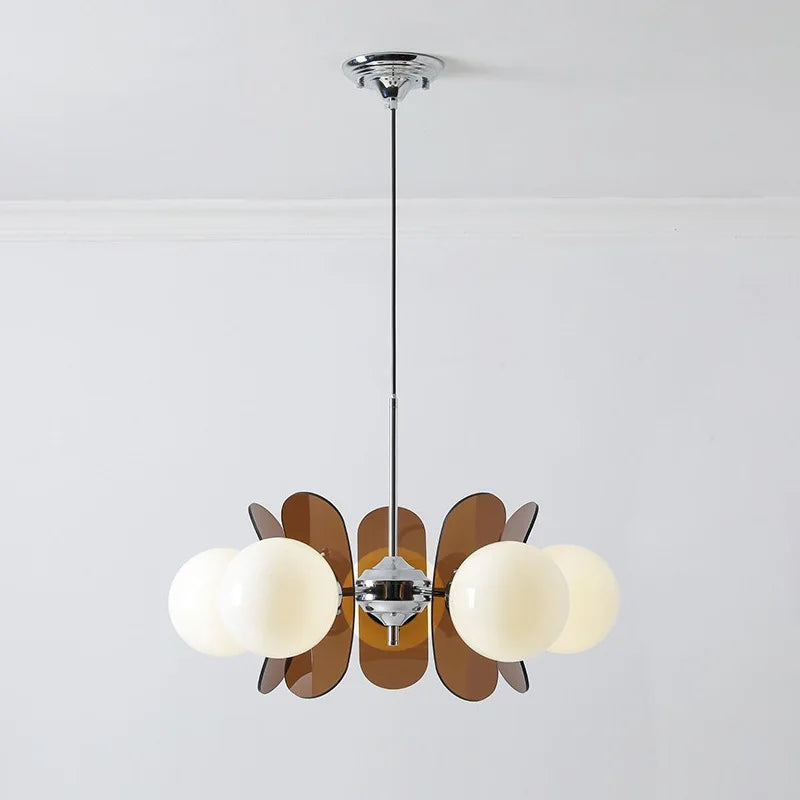 Opal Glass Cluster Chandelier, Chrome Finish, 5 Light Opal Glass Spheres with Brown Fin Panels, Dining Room, Living Room & Bedroom