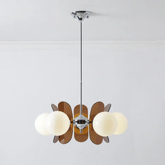 Opal Glass Cluster Chandelier, Chrome Finish, 5 Light Opal Glass Spheres with Brown Fin Panels, Dining Room, Living Room & Bedroom