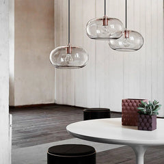 Smoked Brown Glass Ellipse Pendant Light, Rounded Drum on a Copper Cap, Bulb Not Included, Dining Table & Living Room