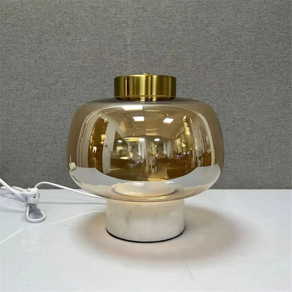 Smoked Glass Dome Table Lamp, Puffed Bubble Shade on a White Marble Base, Black Cap Top, Living Room and Bedside
