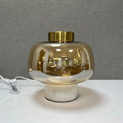 Smoked Glass Dome Table Lamp, Puffed Bubble Shade on a White Marble Base, Black Cap Top, Living Room and Bedside