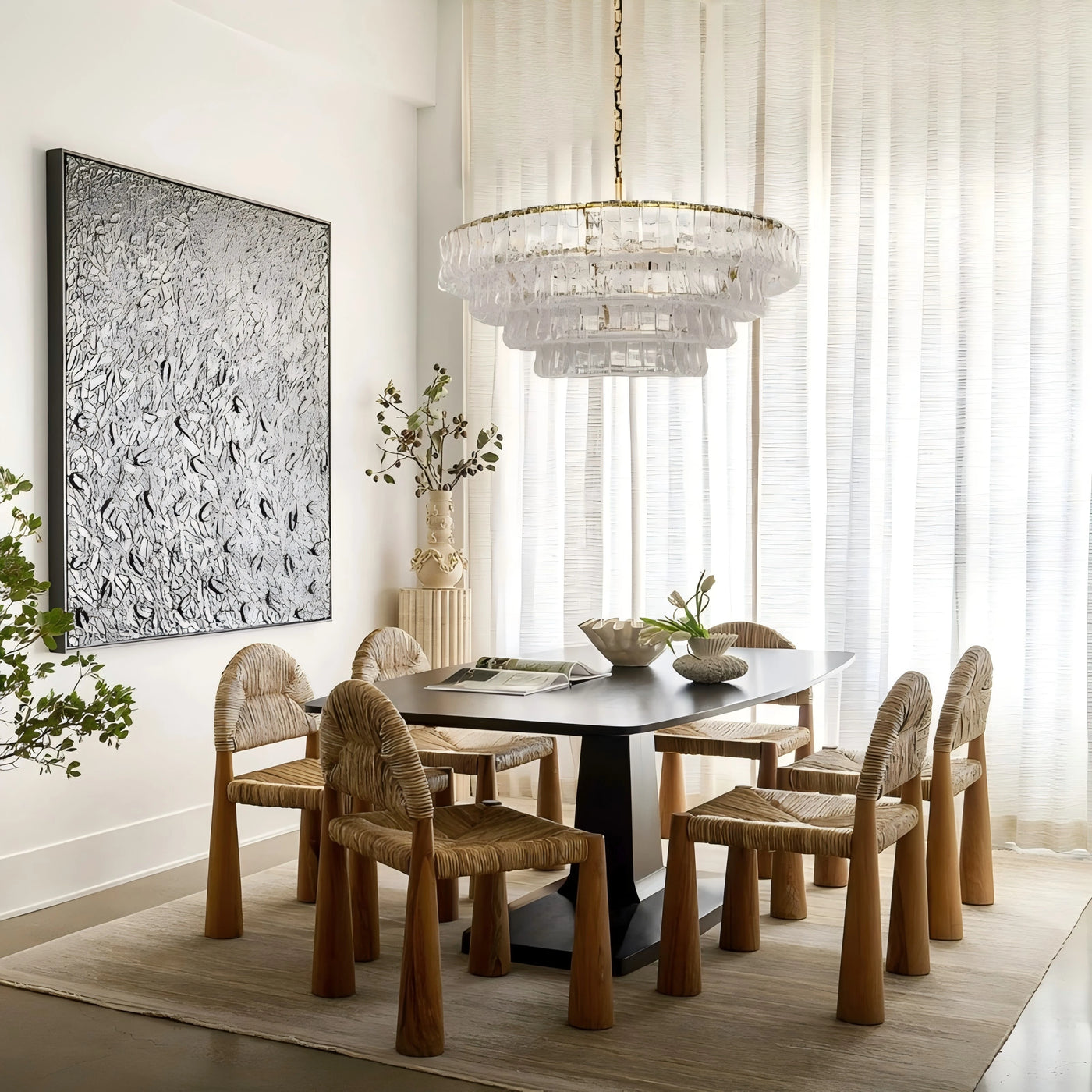 Rippled Clear Glass Tiered Chandelier, Brass Chain Suspension, Multi Layer Scalloped Shade, Dining Room Ceiling