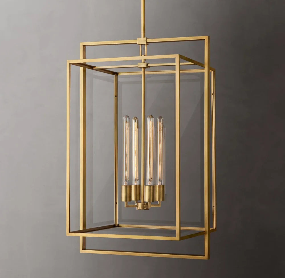 Open Cage Lantern Pendant Light, 21" Brass Nested Double Frame, 3 Exposed Tube Bulbs, Hallway, Dining Table & Living Room