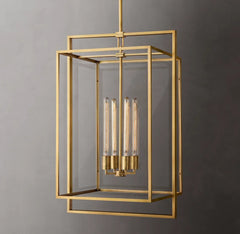 Open Cage Lantern Pendant Light, 21" Brass Nested Double Frame, 3 Exposed Tube Bulbs, Hallway, Dining Table & Living Room