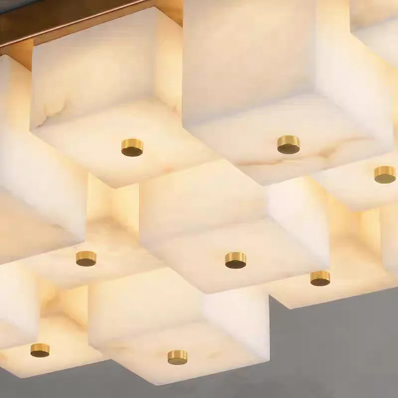 Marbled Alabaster Cube Flush Ceiling Light, 12 Light Grid of Glowing Blocks in a Brass Frame, Dining Room, Living Room & Hallway