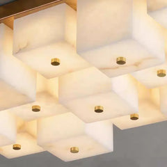 Marbled Alabaster Cube Flush Ceiling Light, 12 Light Grid of Glowing Blocks in a Brass Frame, Dining Room, Living Room & Hallway