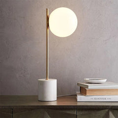 Opal Glass Globe Table Lamp, Offset Sphere on a Slim Brass Pole, Cylindrical White Marble Base, Console & Bedside