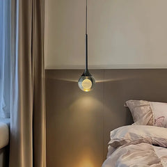 Clear Glass Globe Pendant Light, Frosted Inner Sphere, Slim Chrome Drop Rod Fitting, Bedside & Bedroom Reading Corner