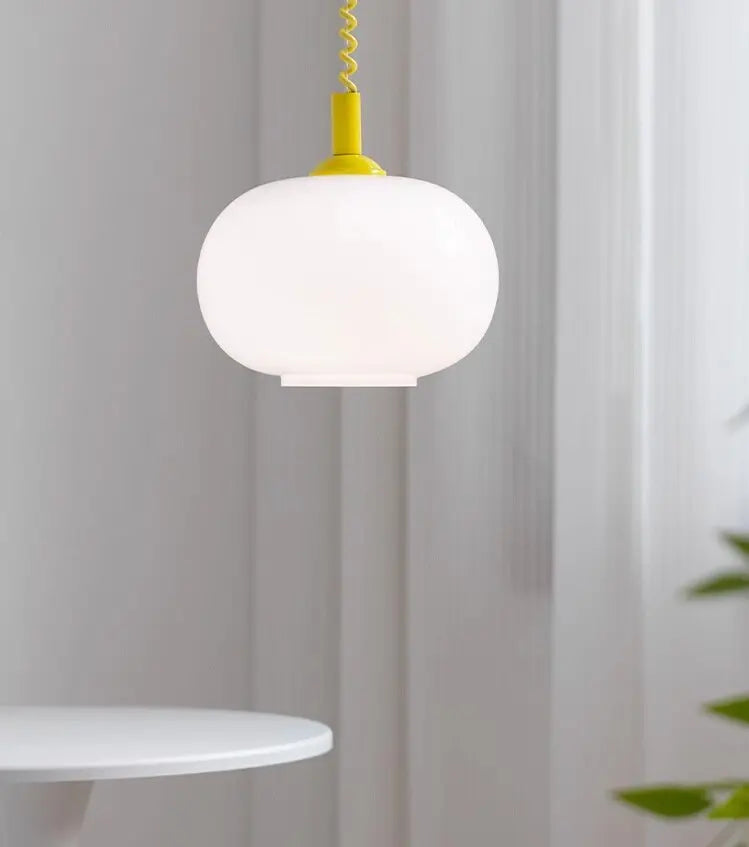 White Opal Glass Ellipse Pendant Light, Red Cord Cap, Twisted Flex, Kitchen Island, Dining Table & Stairwell