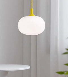 White Opal Glass Ellipse Pendant Light, Red Cord Cap, Twisted Flex, Kitchen Island, Dining Table & Stairwell