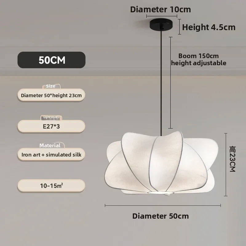 White Silk Cluster Pendant Light, 40cm Diameter, Soft Folded Cloud Shape on a Black Cord, Living Room & Bedroom