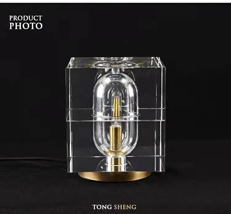 Clear Crystal Column Table Lamp, Faceted Glass with a Visible Filament Tube, Round Brass Base, Bedside & Console