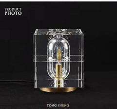 Clear Crystal Column Table Lamp, Faceted Glass with a Visible Filament Tube, Round Brass Base, Bedside & Console