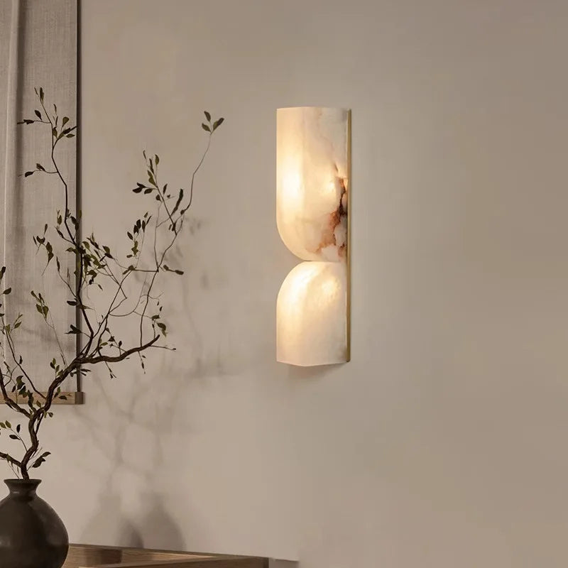 Natural Alabaster Panel Wall Light, Two Lobe Backlit Stone Form, Brass Edge Trim, H600, Hallway, Bedside & Living Room