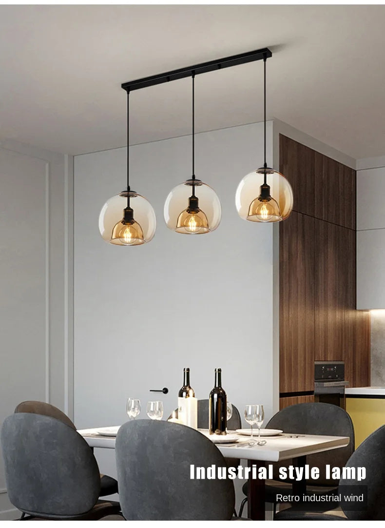Amber Glass Globe Pendant Light, 3 Light Long Bar, Matt Black Bar, Staggered Drop, Dining Table & Kitchen Island