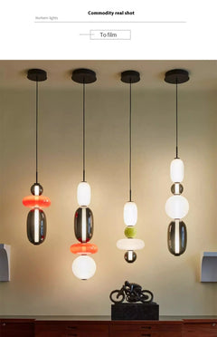 Tiered Glass Bead Pendant Light, Cream and Wine Red Finish, 3 Tier Stack, Large, Black Cord Suspension, Bedside & Dining Table