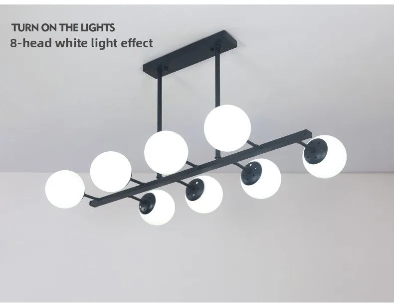 Opal Glass Globe Linear Bar Semi Flush Ceiling Light, Matt Black Angled Arms, 8 Light, Kitchen Island, Dining Room & Living Room