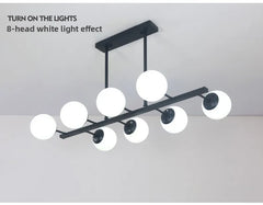Opal Glass Globe Linear Bar Semi Flush Ceiling Light, Matt Black Angled Arms, 8 Light, Kitchen Island, Dining Room & Living Room