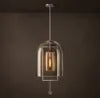 Clear Glass Bell Pendant Light, Satin Nickel Rectangle Frame, 15.5" Dome, Exposed Filament Bulb, Hallway, Dining Table & Living Room