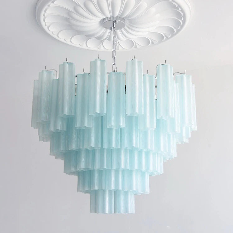 Fluted Glass Tiered Chandelier, Pink Finish, Chrome Chain Suspension, 150cm Drop, Bulb Not Included, Dining Room & Living Room