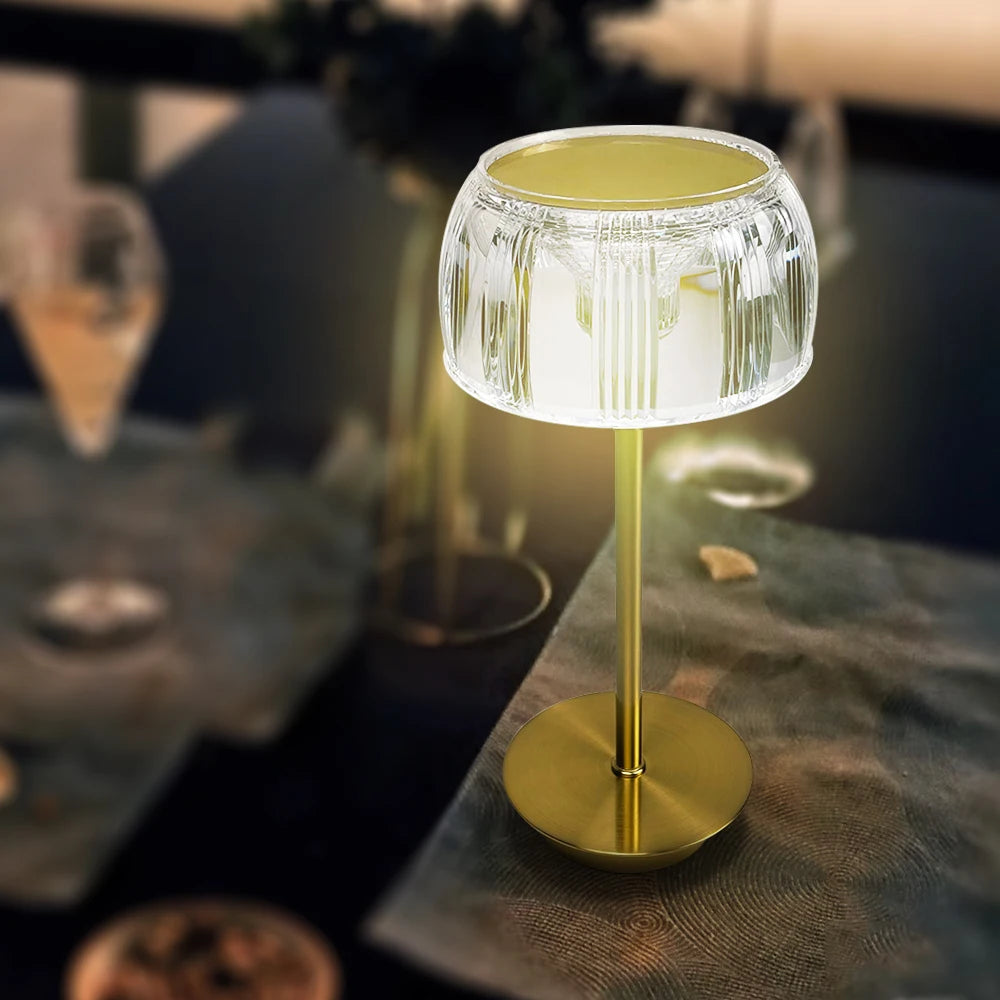 Ribbed Crystal Dome Table Lamp, Brass Stem and Base, Rechargeable Cordless Touch Control, Bedside, Console & Patio