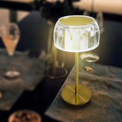 Ribbed Crystal Dome Table Lamp, Brass Stem and Base, Rechargeable Cordless Touch Control, Bedside, Console & Patio