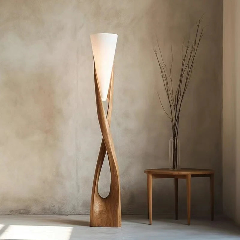 Sculptural Twisted Wood Column Floor Lamp, Brown Tone, Freestanding Base, Living Room, Dining Room & Reading Corner