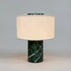Polished Glass Cylinder Table Lamp in a Marbled Green Finish, Oatmeal Linen Drum Shade, Bedside & Living Room